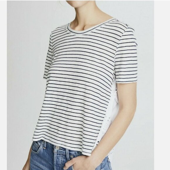 Joie Mikiyo Eyelet Striped Lace Scallop Tiered Back Linen Boho Top Medium - Picture 2 of 11